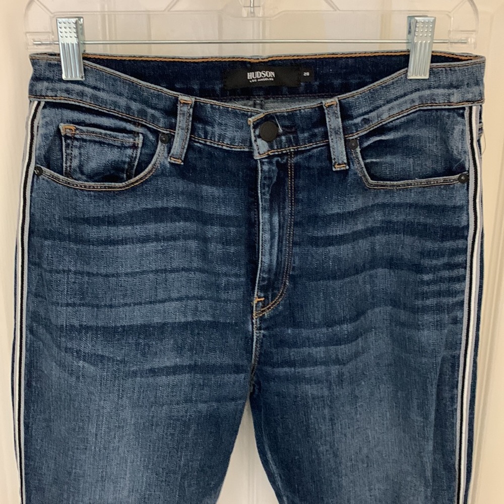 Hudson Jeans: Barbara super skinny high rise with gray and navy stripe. Size 28
